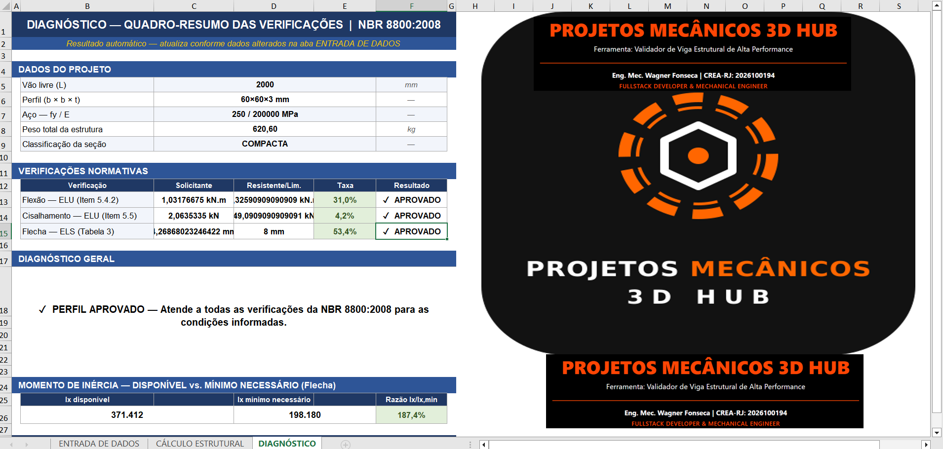 Simulador NBR 8800 - Aba Diagnóstico